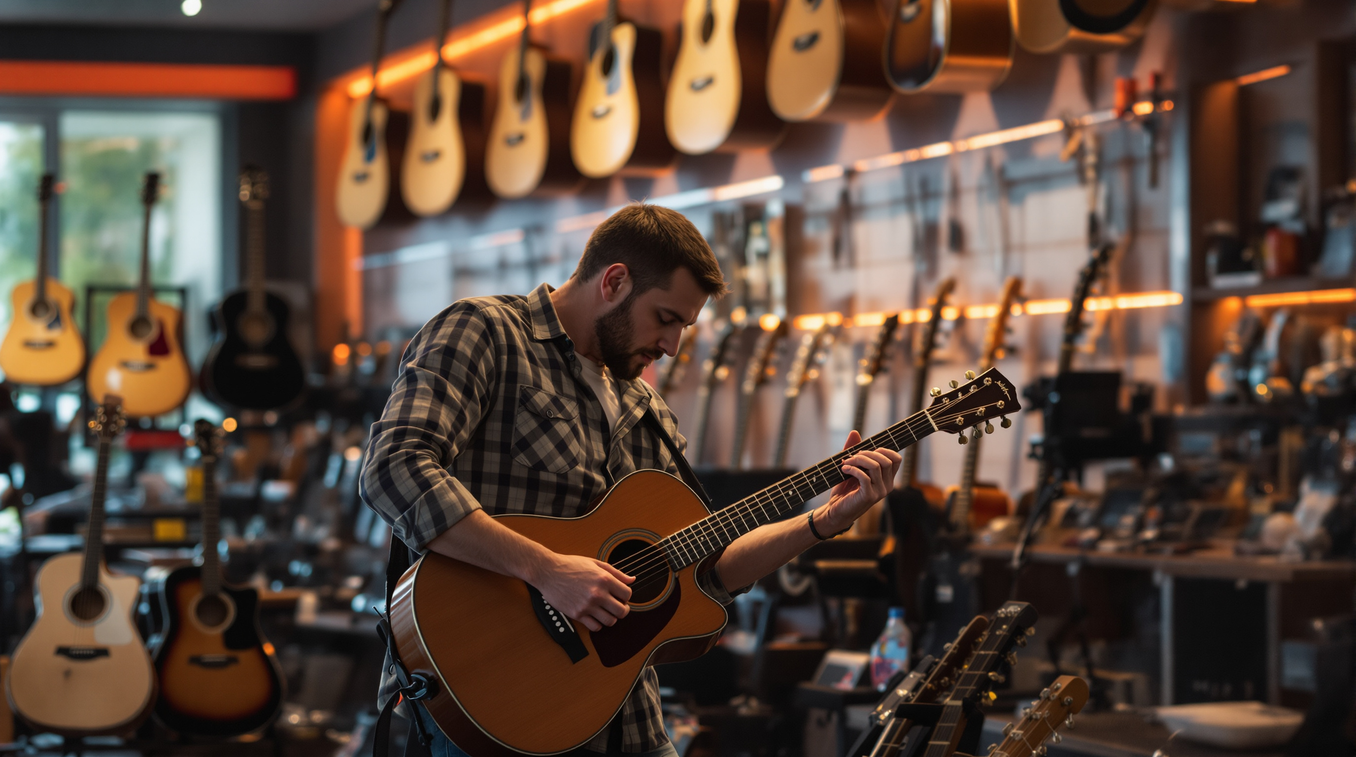 Customer trying guitars in music shop