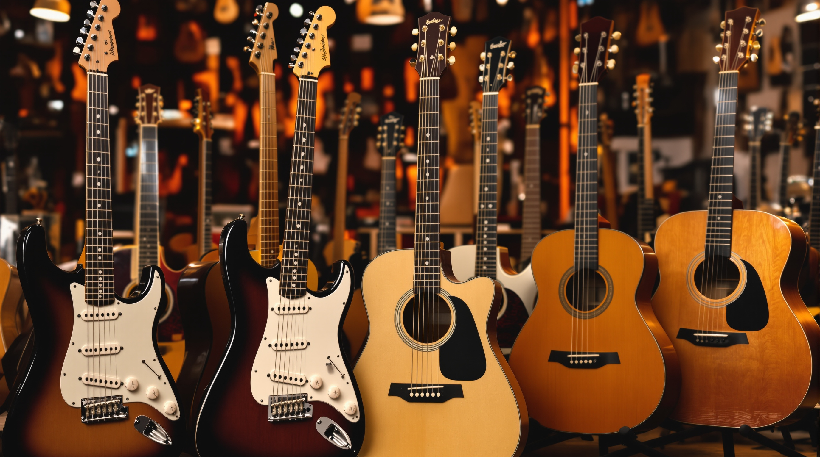 Collection of electric and acoustic guitars