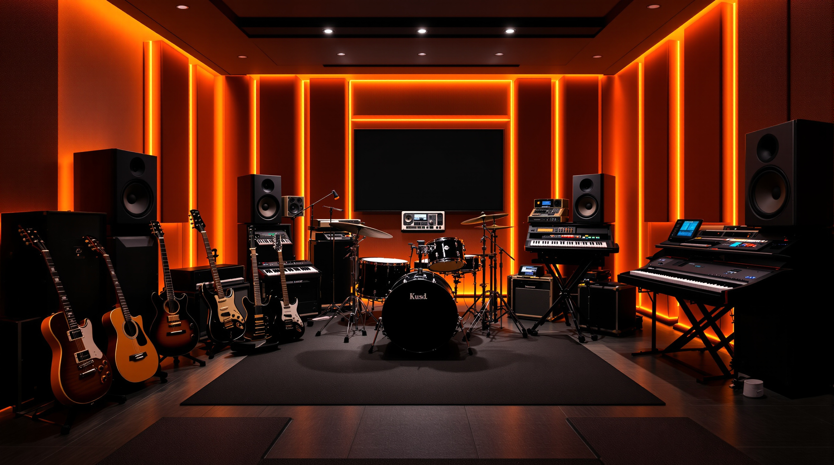 PlayRecord music studio with guitars, drums and recording equipment
